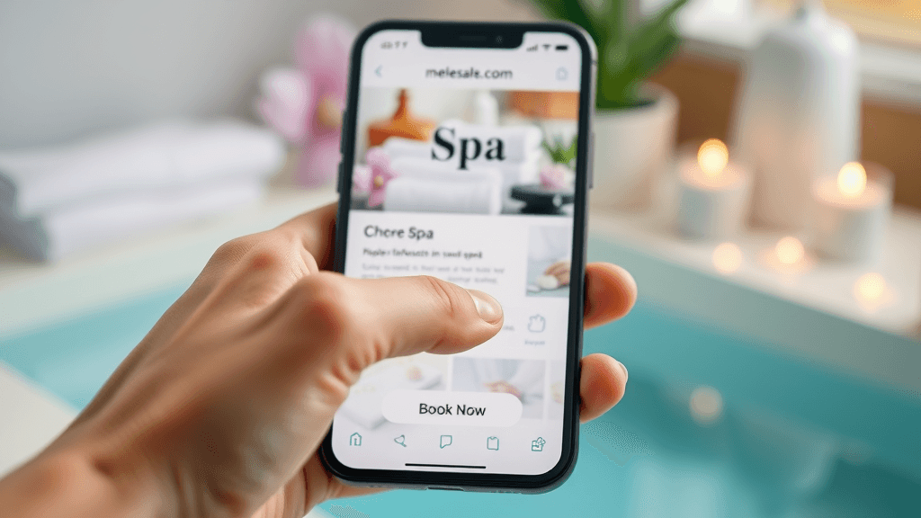 a mobile phone displaying a fast-loading spa website, finger tapping a clear 'Book Now' button, mobile botox web design