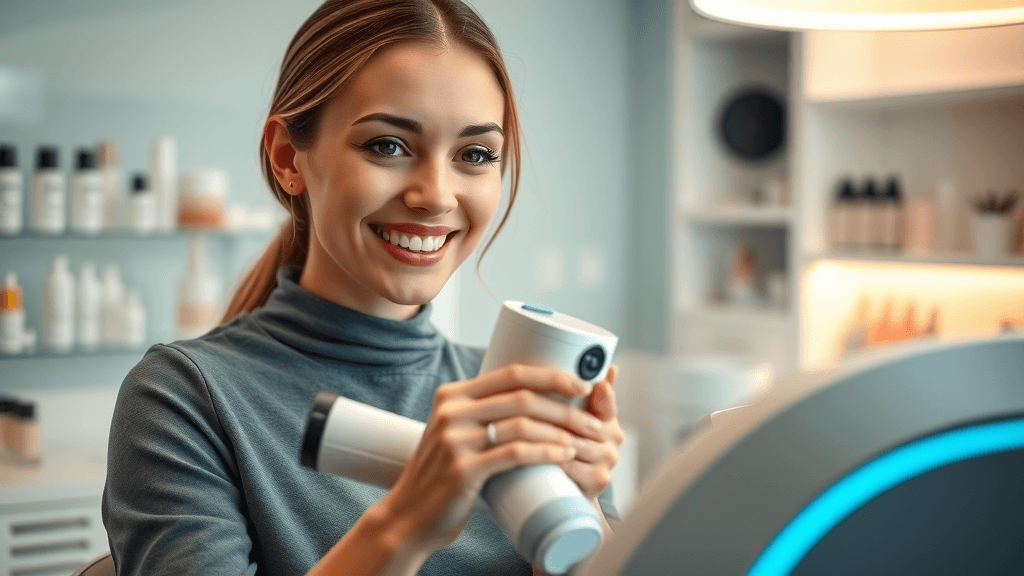 advanced beauty technology in use, confident professional using equipment