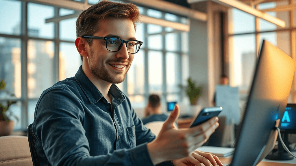 Young marketing specialist setting up Facebook and Google Ads in workspace, city view, highly detailed, dynamic digital screens