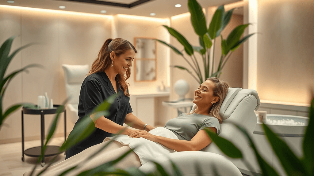 professional med spa, professionals interacting with clients, luxurious spa interior with contemporary design