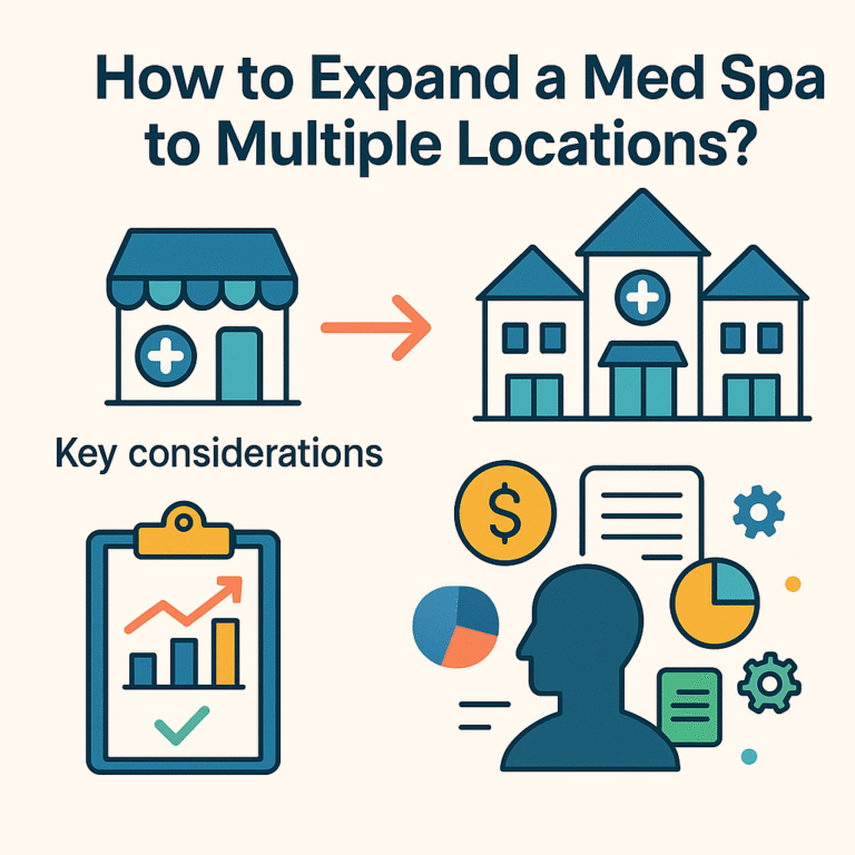 Infographic titled 'How to Expand a Med Spa to Multiple Locations?' highlighting four key areas for business growth with colorful icons and a clean layout."