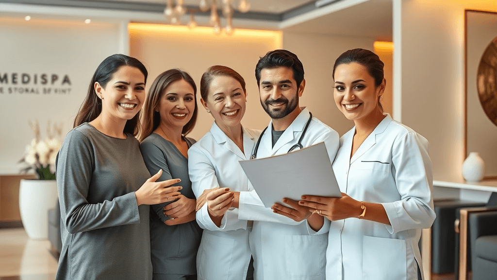 happy med spa staff and clients reviewing successful botox ad campaign results, welcoming spa lobby with branding