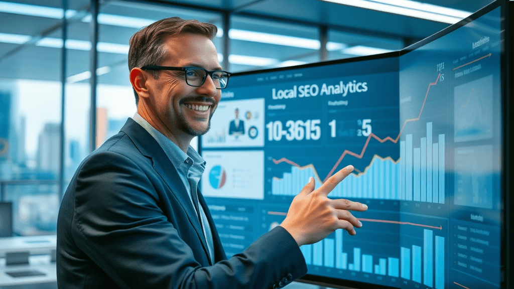 business analyst reviewing Botox local SEO analytics dashboard for med spa, showing rising performance graphs