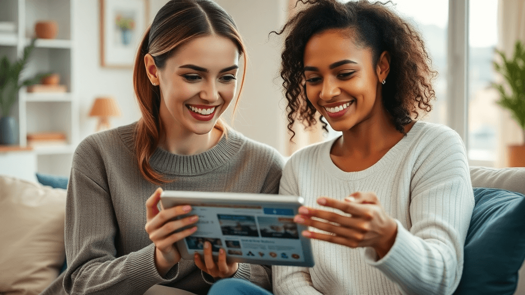 Diverse women browsing botox ad copy on a tablet, showing engaged target audience for med spa marketing