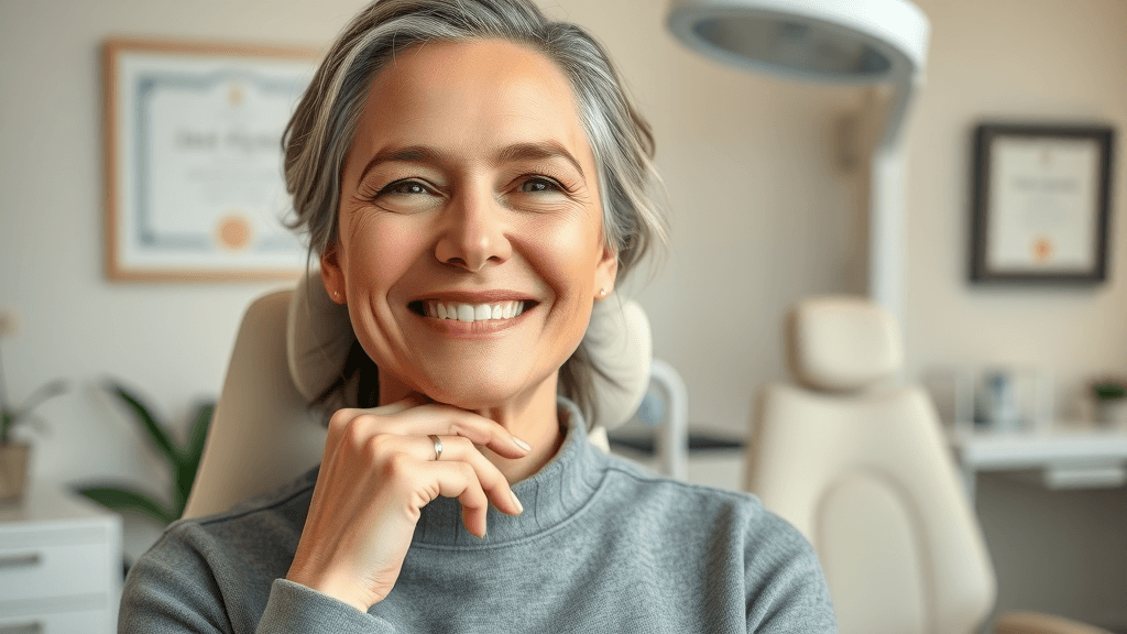 Content patient after botox treatment in med spa, before-and-after success story for botox instagram strategy, natural lighting and soft warm tones