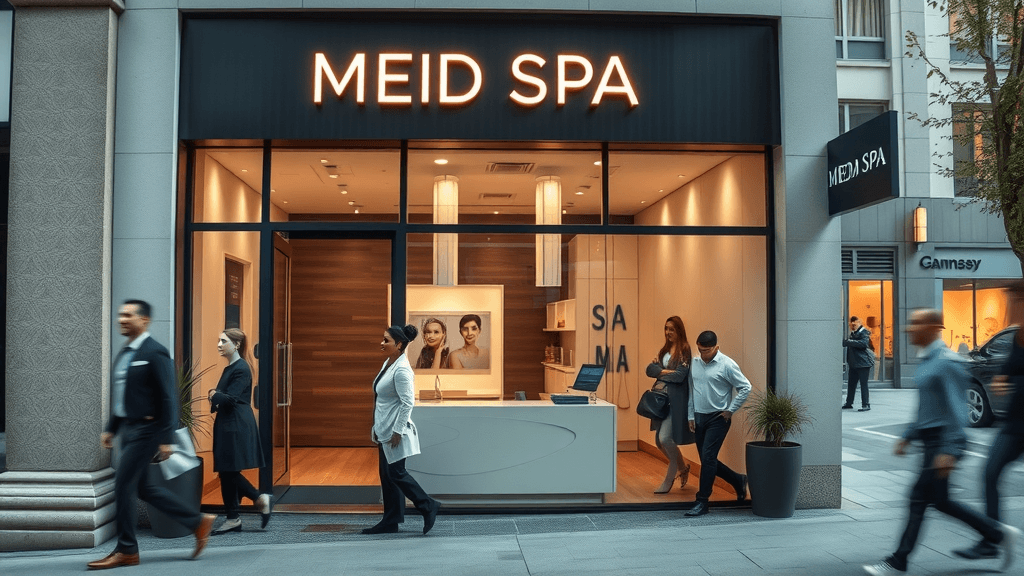 modern med spa storefront benefiting from botox local SEO, welcoming staff and urban commercial setting