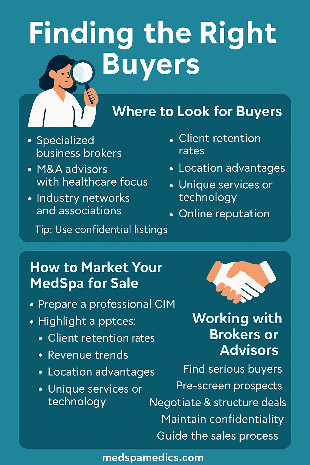 nfographic titled "Finding the Right Buyers," showing sections for where to look for buyers, how to market your MedSpa, and working with brokers or advisors
