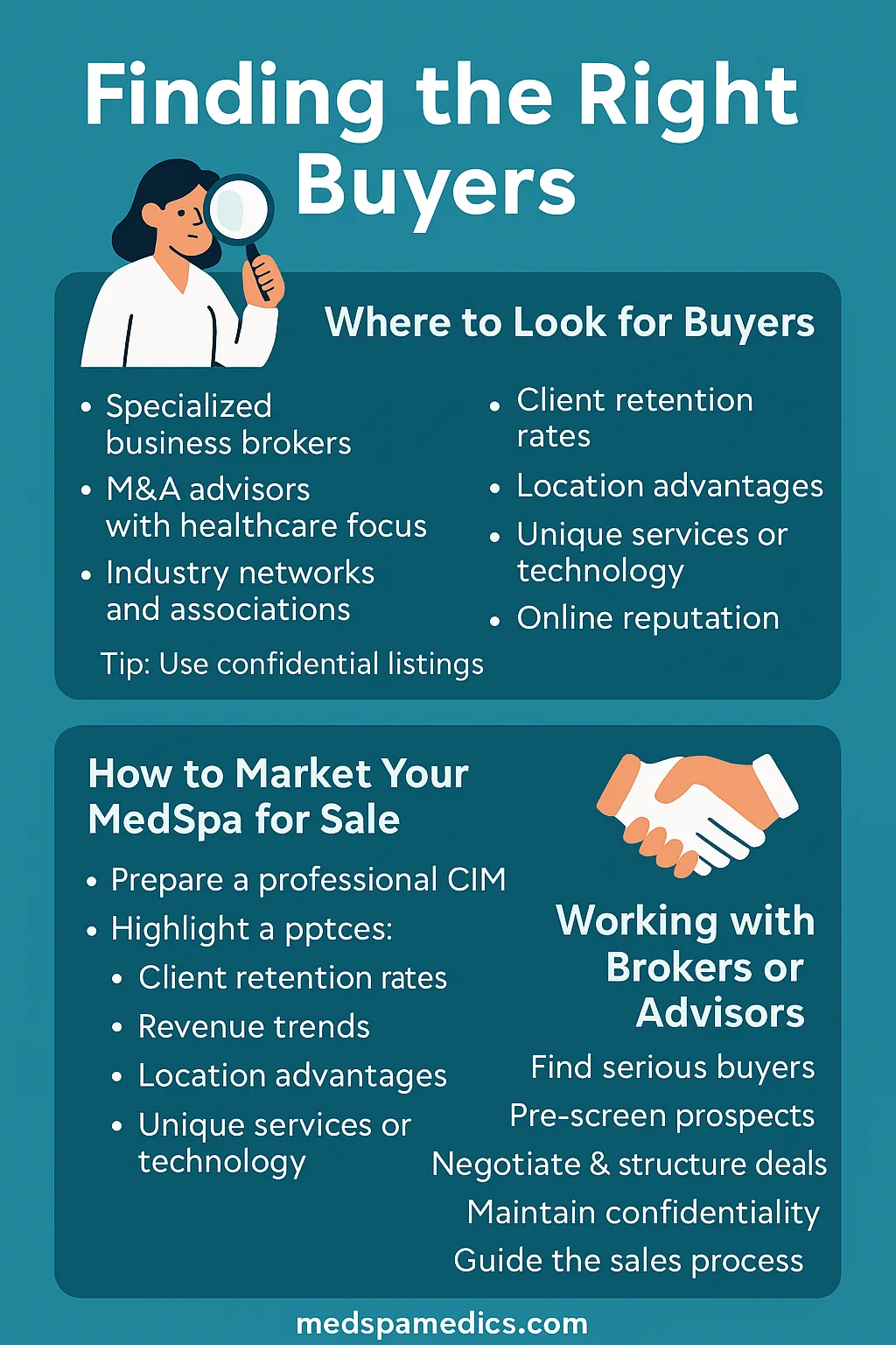 nfographic titled "Finding the Right Buyers," showing sections for where to look for buyers, how to market your MedSpa, and working with brokers or advisors