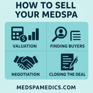 Infographic titled “How to Sell Your MedSpa,” showing the four steps: Valuation, Finding Buyers, Negotiation, Closing the Deal