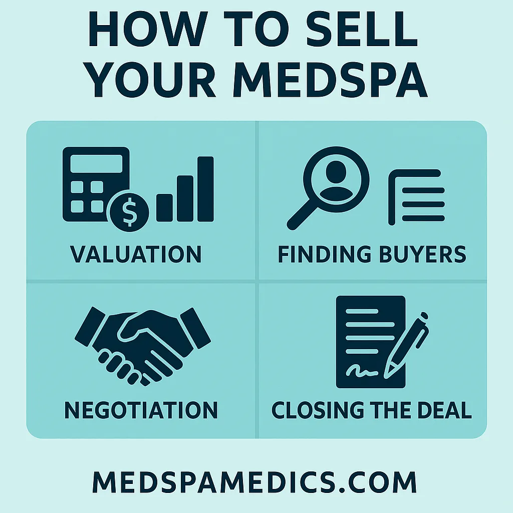 Infographic titled “How to Sell Your MedSpa,” showing the four steps: Valuation, Finding Buyers, Negotiation, Closing the Deal