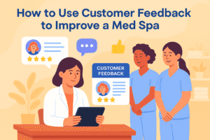 Colorful infographic of med spa team reviewing customer feedback on a tablet with icons and ratings