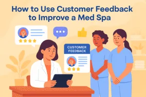 Colorful infographic of med spa team reviewing customer feedback on a tablet with icons and ratings