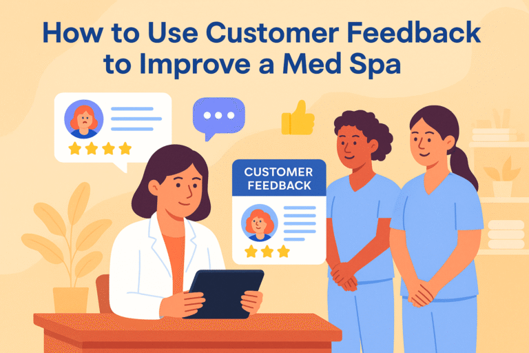 Colorful infographic of med spa team reviewing customer feedback on a tablet with icons and ratings