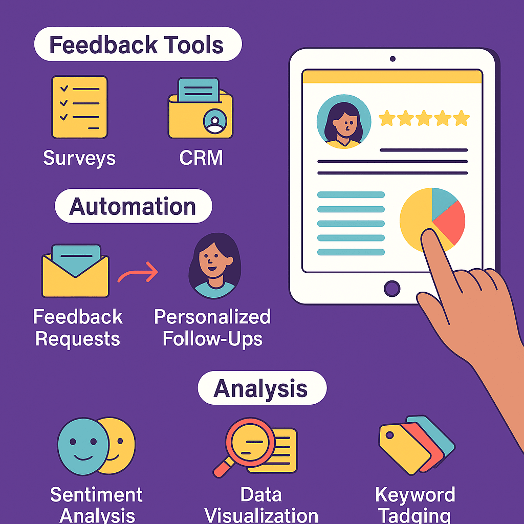 Infographic showing feedback tools, automation, and analysis methods for med spa feedback