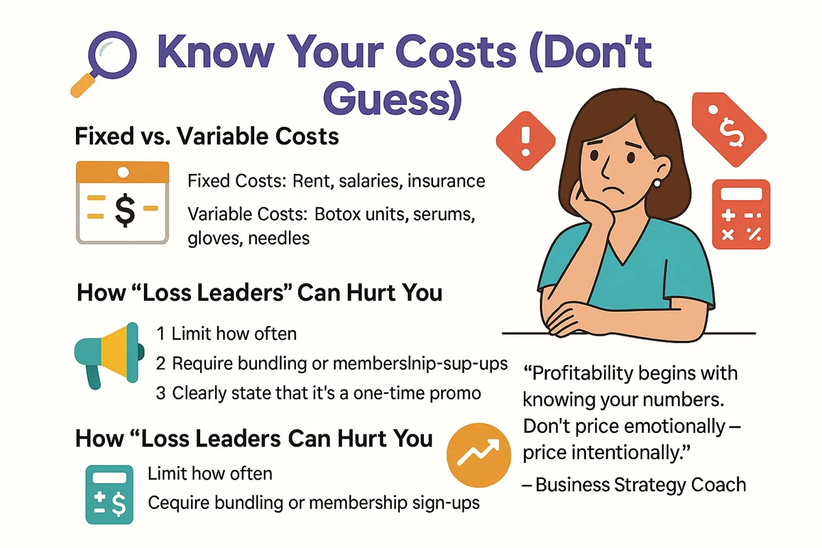 Illustration of a confused med spa owner surrounded by pricing mistake icons like red tags and calculator warnings.