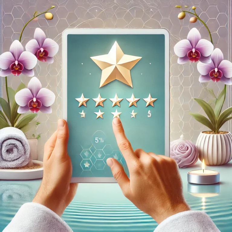 a medspa client with a tablet reading an online review