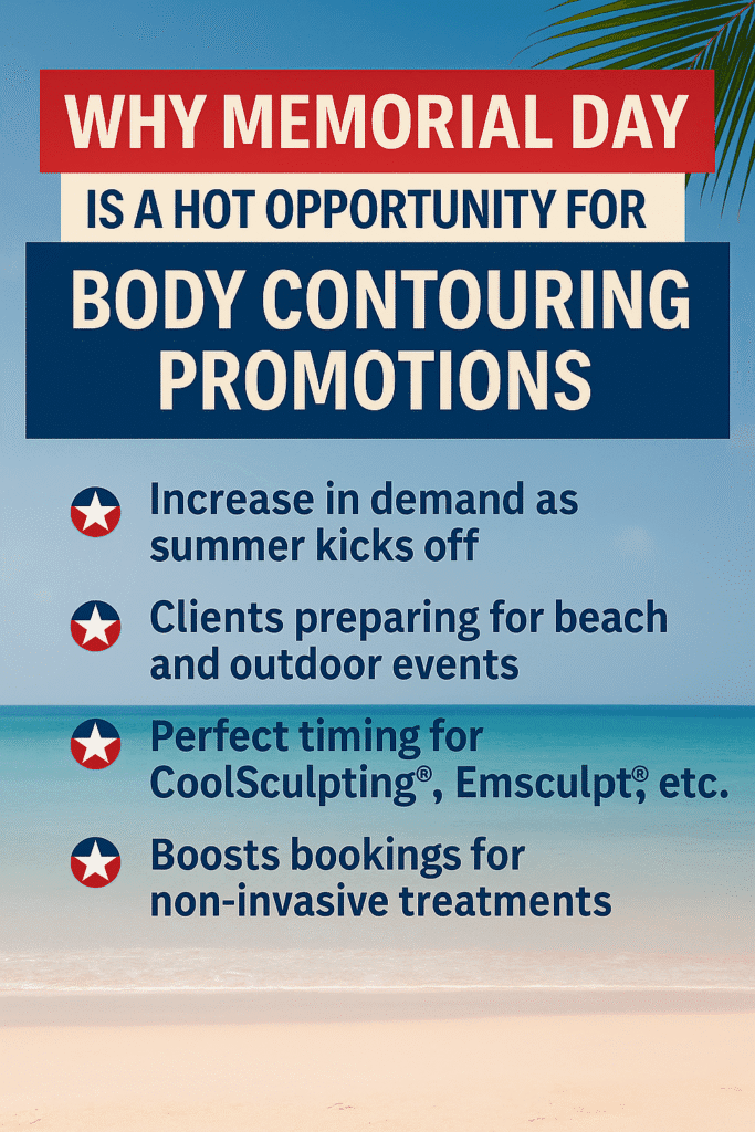 Beach-themed Memorial Day infographic highlighting why this holiday is ideal for body contouring promotions, with patriotic colors and key benefits listed.