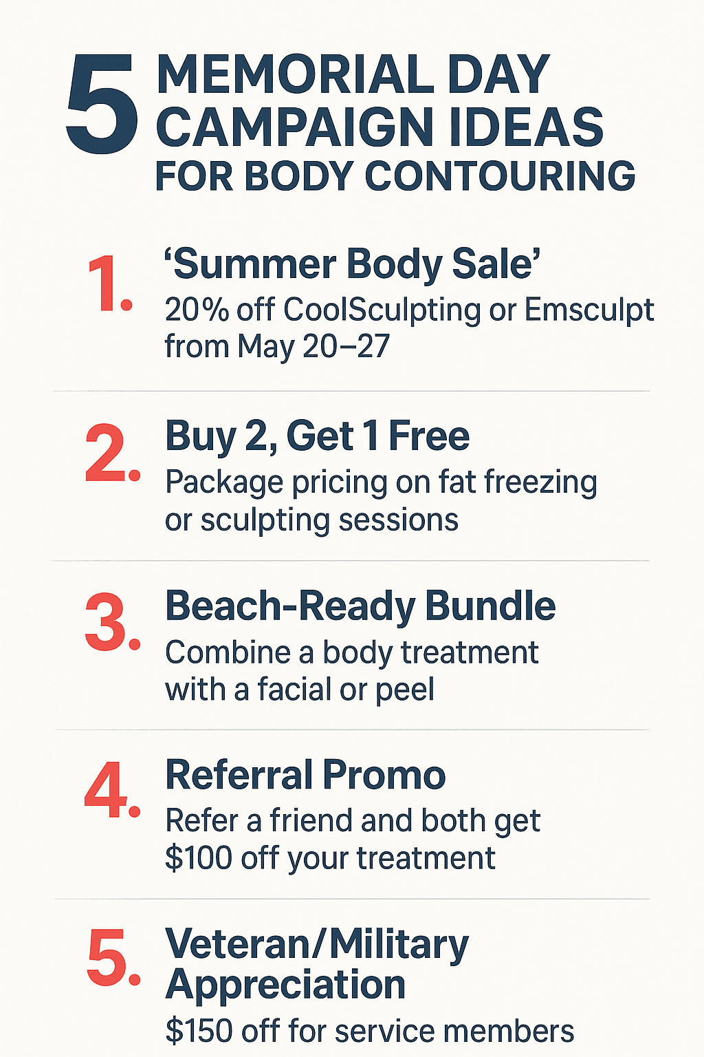 Infographic with five Memorial Day campaign ideas for body contouring including sales, bundles, and referral offers.