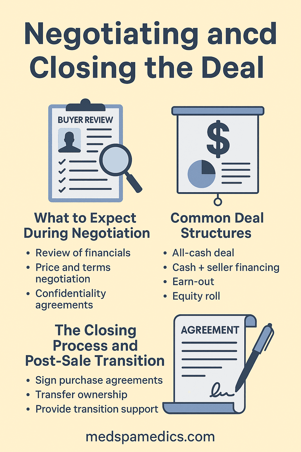 Infographic titled "Negotiating and Closing the Deal," showing sections for negotiation expectations, common deal structures, and the closing process and post-sale transition