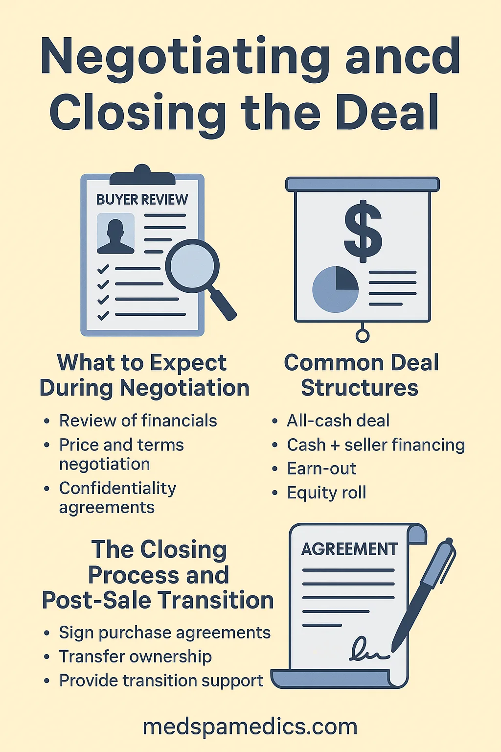Infographic titled "Negotiating and Closing the Deal," showing sections for negotiation expectations, common deal structures, and the closing process and post-sale transition