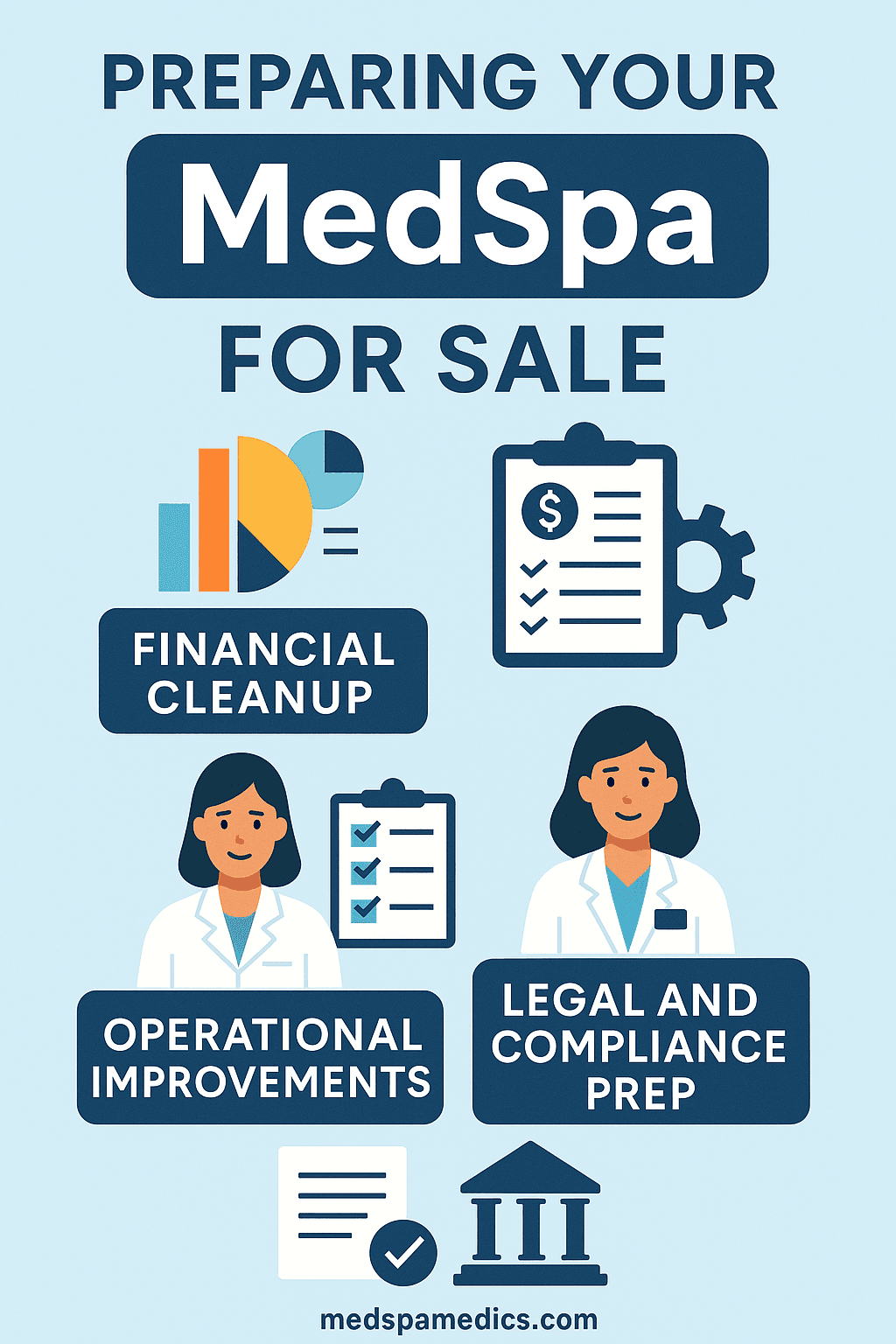 Infographic titled “Preparing Your MedSpa for Sale” showing key steps: Financial Cleanup, Operational Improvements, Legal and Compliance Prep