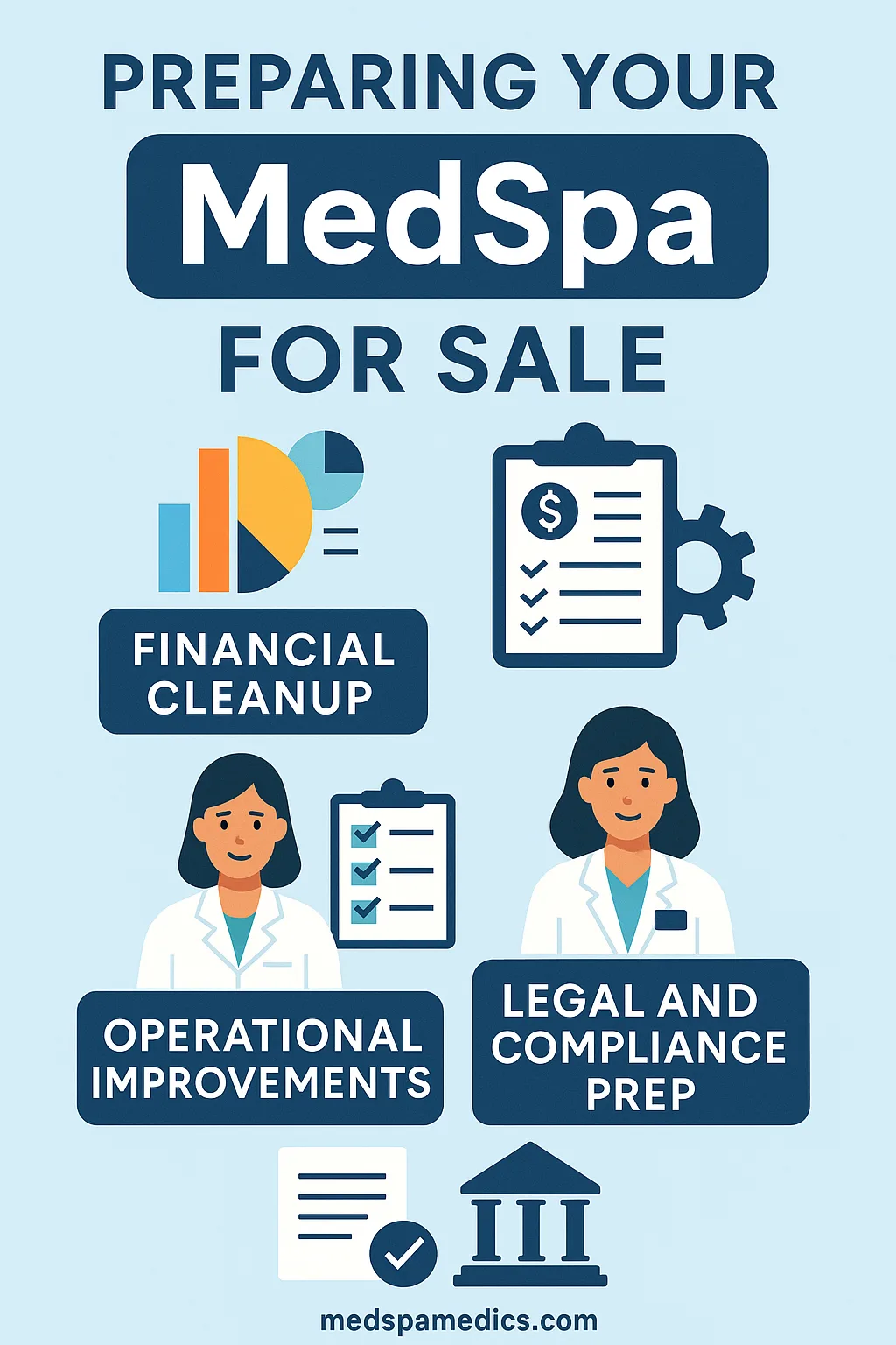 Infographic titled “Preparing Your MedSpa for Sale” showing key steps: Financial Cleanup, Operational Improvements, Legal and Compliance Prep