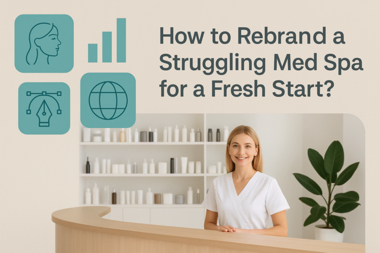Modern med spa front desk with a smiling staff member and rebranding icons in teal tones