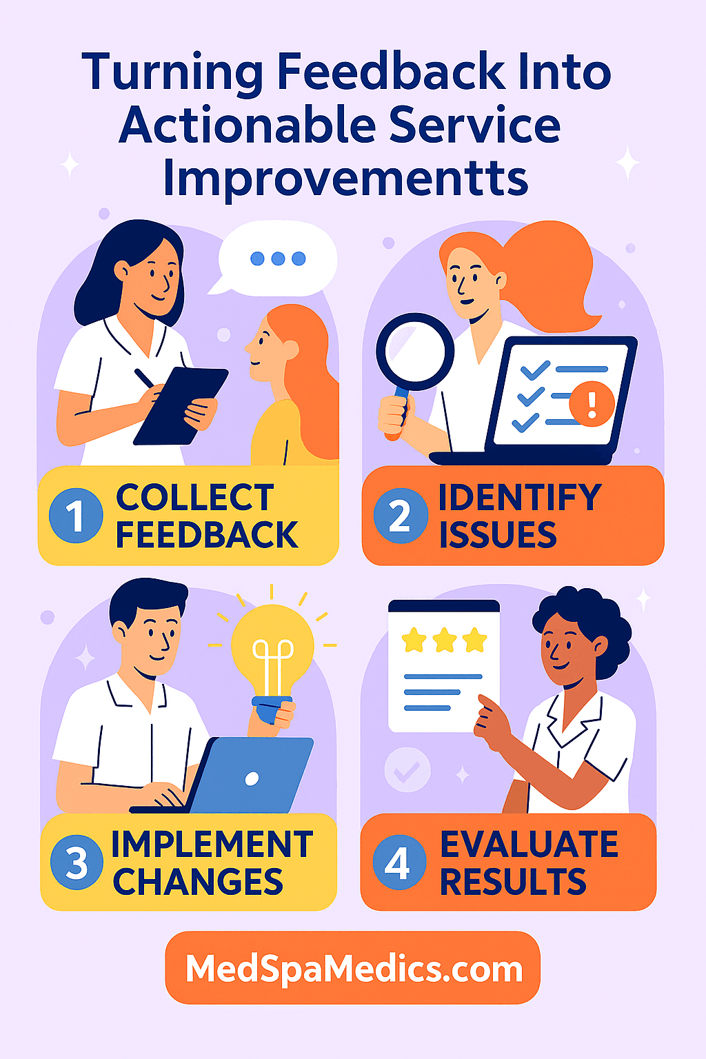 Infographic with steps to improve med spa services using feedback, branded with MedSpaMedics.com