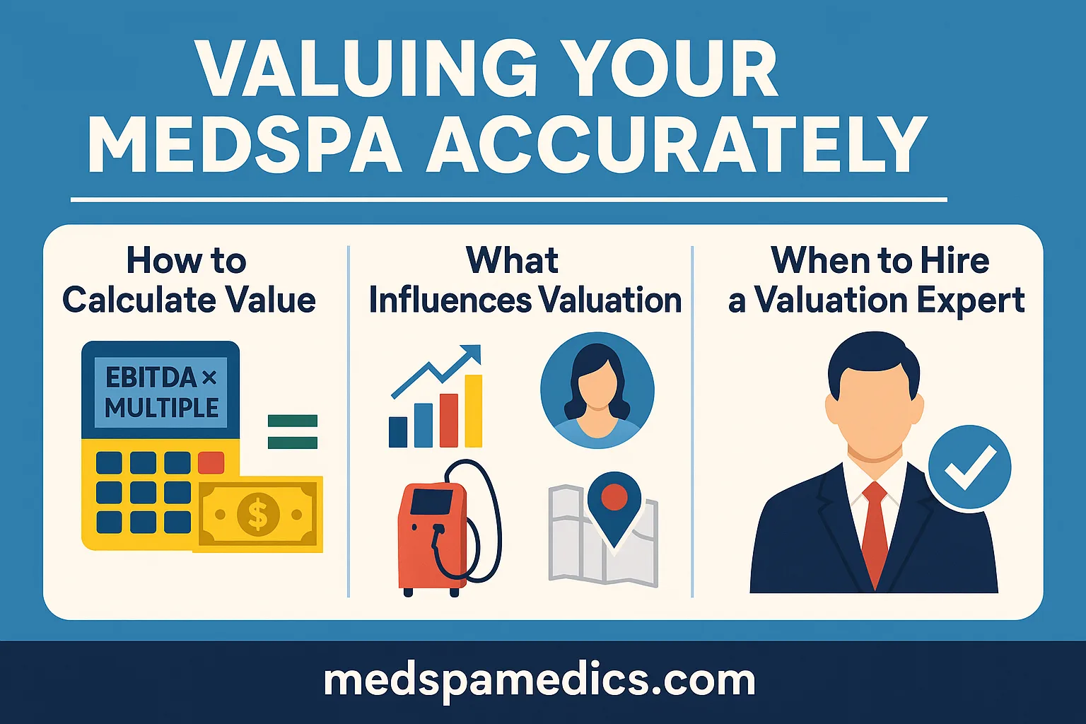 Infographic titled "Valuing Your MedSpa Accurately," showing sections for calculating value, factors influencing valuation, and when to hire a valuation expert